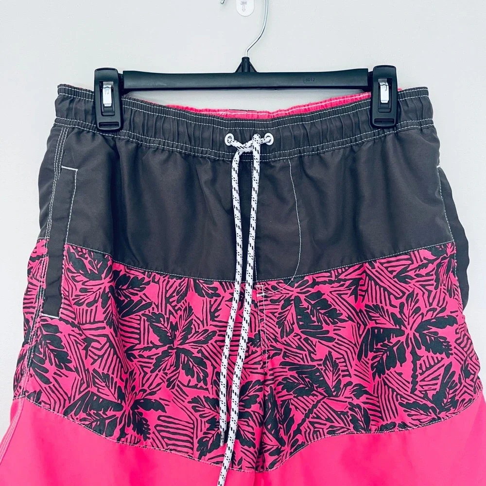 Mens Colorblock Tropical Palm Swim Trunks‎ Neon Pink Charcoal Board Shorts M